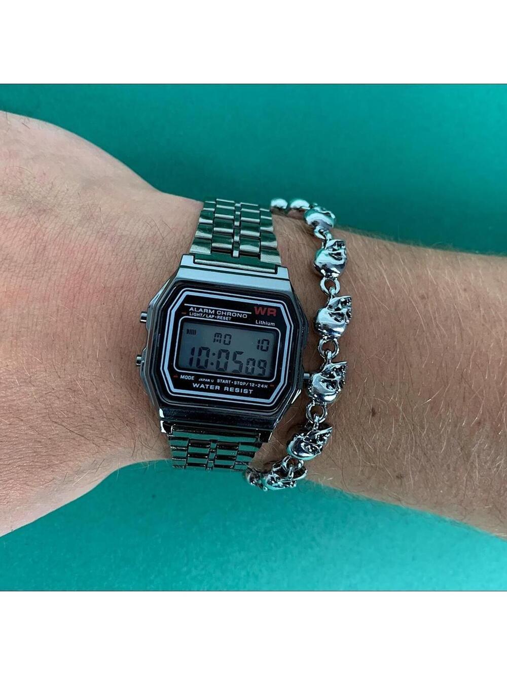 Y2k 2000s vintage retro silver stainless steel digital style watch